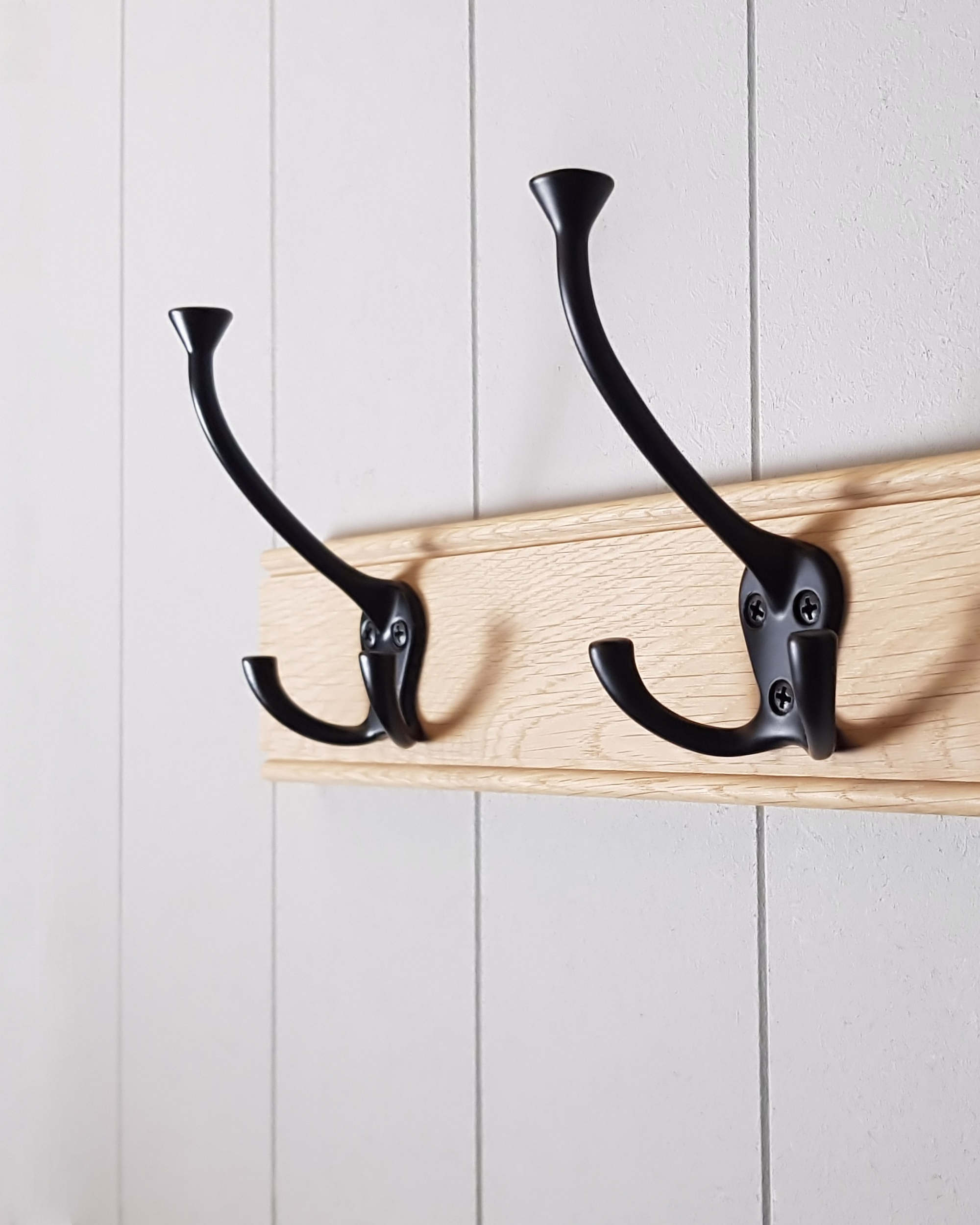 Oak Coat Rack with Black Hooks
