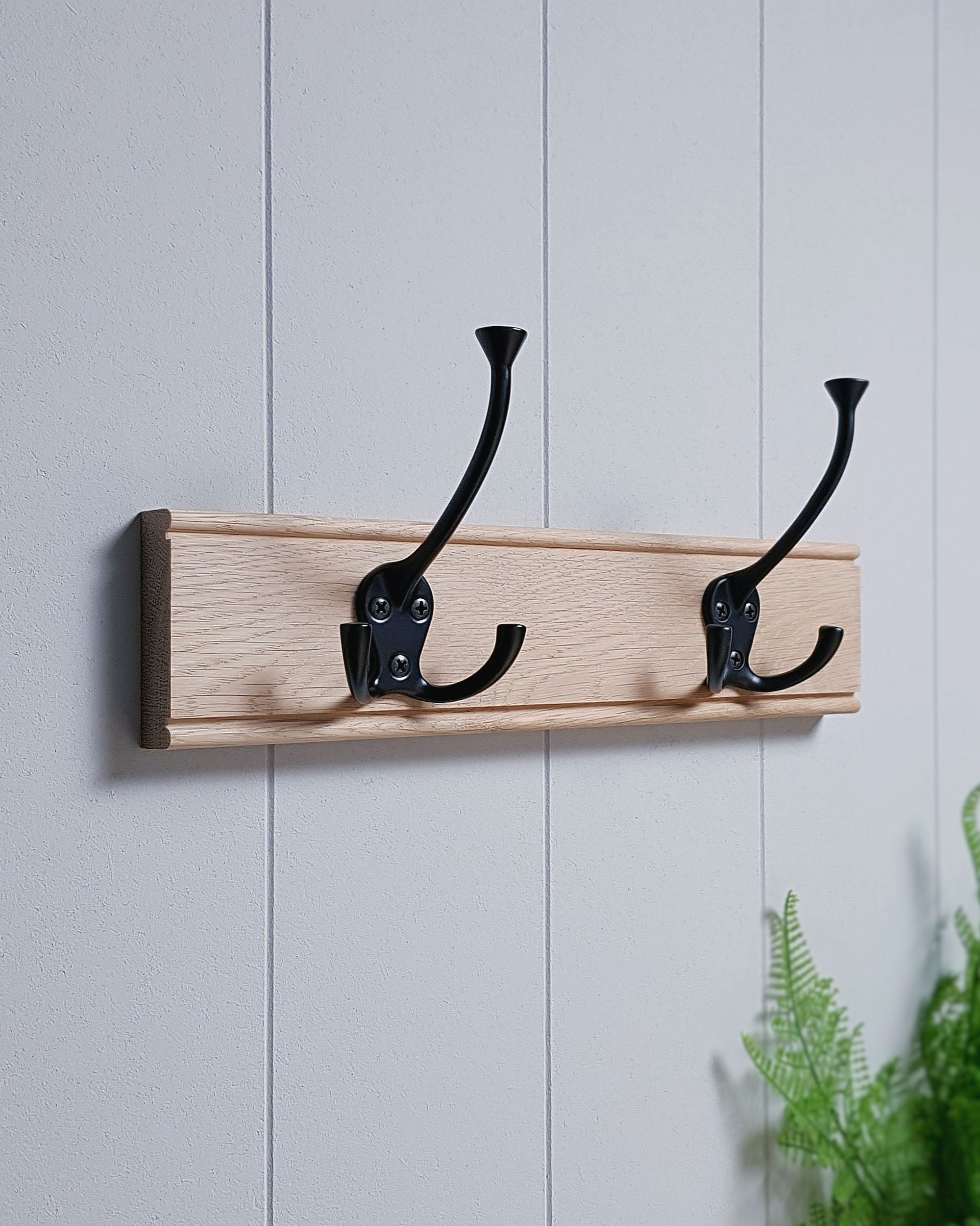 Oak Coat Rack with Black Hooks